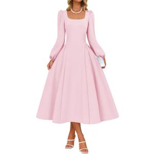 ZESICA Women's Long Sleeve Midi Dresses 2026 Fall Square Neck Swing A Line Wedding Guest Evening Prom Dress (Pink, S)