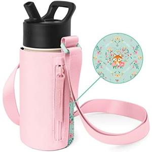 Simple Modern Kid's Water Bottle Carrier Sling with Adjustable Strap | Bottle Holder Crossbody Bag for Walking, Hiking and School | Summit Collection | Fox and The Flower | Pink