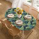 Horaldaily Summer Fitted Tablecloth 68 x 48 Inch Oval, Monstera Deliciosa Green Washable Table Cover Elastic Edged for Dinning, Picnic, Camping, Banquet