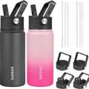 BJPKPK 2 Pack Insulated Water Bottles with Straw Lids, 18oz Stainless Steel Metal Water Bottle with 6 Lids, Leak Proof BPA Free Thermos, Cups, Flasks for Travel, Sports (Cherry+Black)