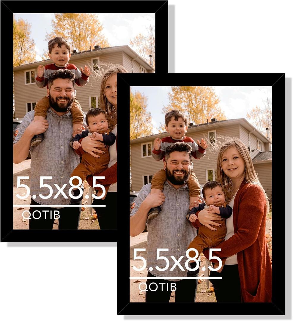 2 Packs 5.5x8.5 Picture Frame Black, Engineered Wood 5.5 x 8.5 Photo Frame, 3 by 5 Photo Poster Frame for Wall Hanging and Tabletop Set of 2, Black