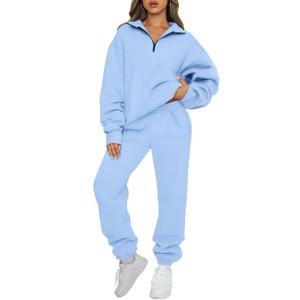 AUTOMET Women's Sweatsuits 2 Piece Outfits Lounge Sets Long Sleeve Half Zip Pullover and Baggy Sweatpants with Pockets LightBlue, L