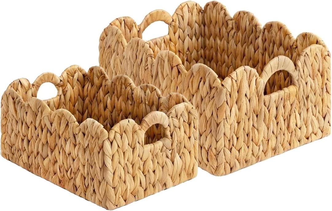 LUSYDECO Set of 2 Scalloped Edge Wicker Storage Basket with Built-in Handles, Rectangle Water Hyacinth Basket for Organizing, Decorative Woven Rattan Basket for Shelf, Nursery Room