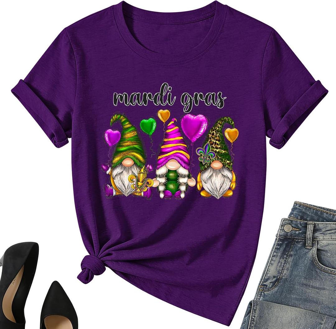 Mardi Gr Gnome Shirt for Women Fat Tuesday Tee Tops New Orleans Party Short Sleeve (Purple, S)