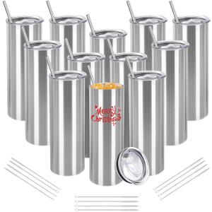 YOUKE OLA 12 Pack Stainless Steel Skinny Tumblers, 20oz Bulk Straight Double Wall Insulated Tumbler with Lid and Straw for Travel, DIY, Silver