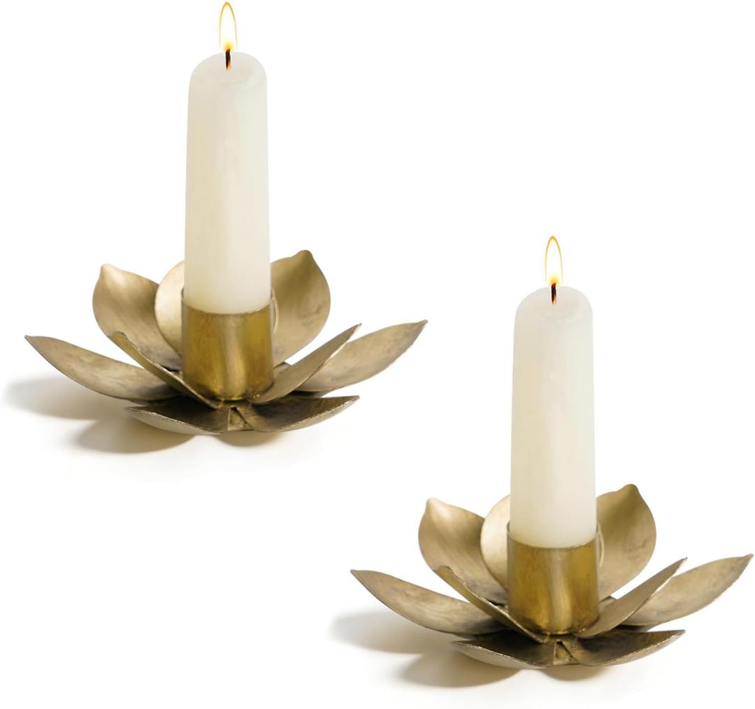 NIKKY HOME Gold Lotus Taper Candle Holders Set of 1, Vintage Elegant Flower Shaped Metal Candlestick Stand for Table Centerpieces, Wedding Decor and Dinner Party