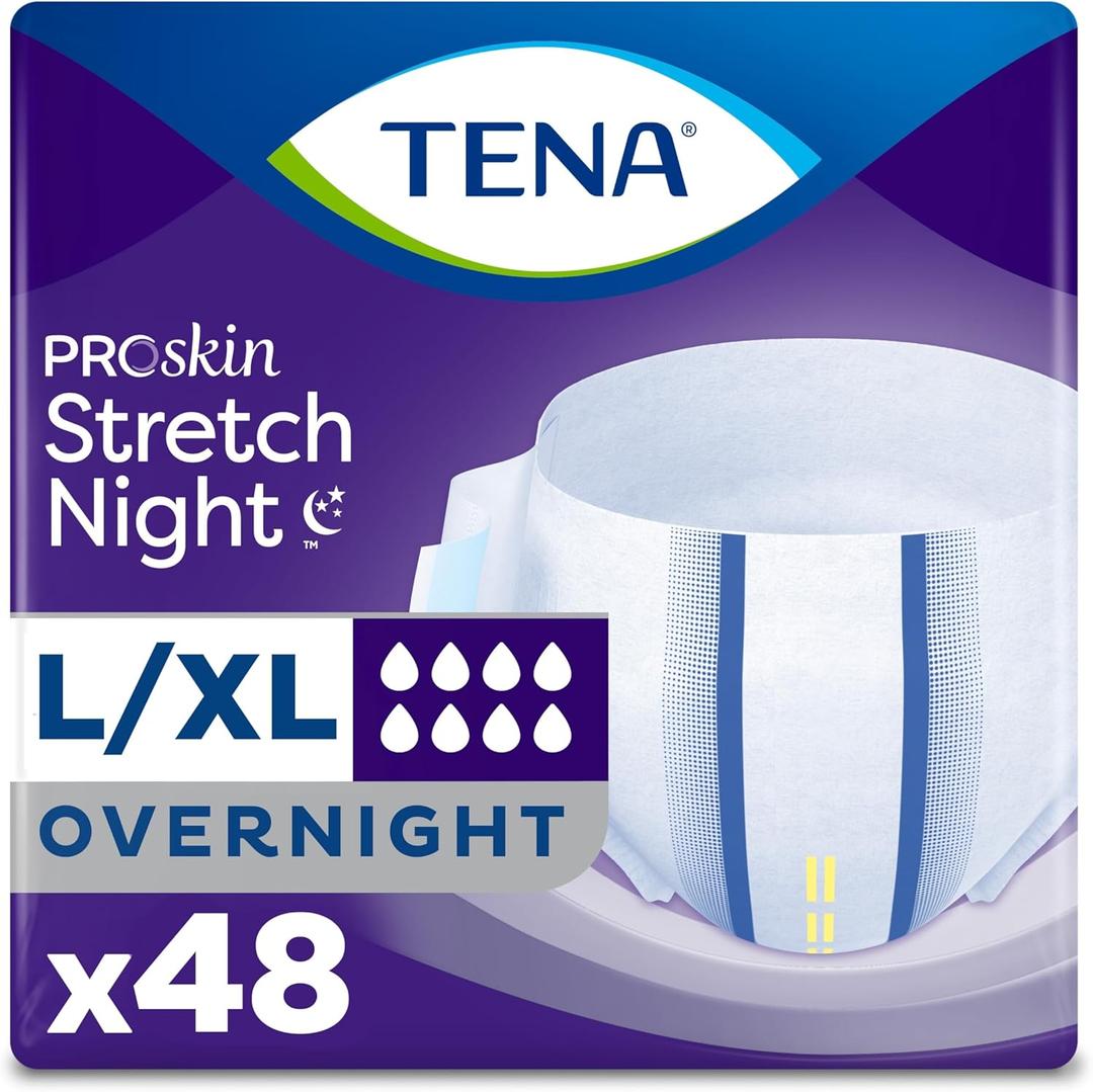 TENA ProSkin Overnight Protection Adult Incontinence Brief, Stretch, Disposable, Large/Extra,Large, 48count (4 Packs of 12), Packaging May Vary (Large/X-Large)