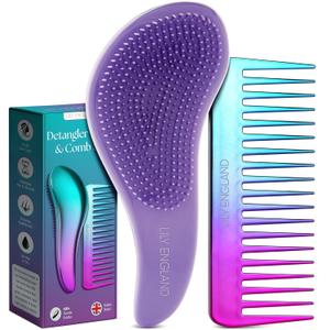 Lily England Detangler Brush & Comb Set - Lightweight Wide Tooth Detangling Tool for Women & Kids - Smooths Curly, Straight, Dry, Fine, & Thick Hair, Purple (Mermaid)