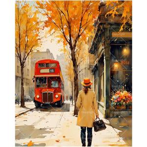 Street Paint by Numbers Kit for Adults - DIY Woman in Autumn Street with Red Bus and Flower Store Painting on Canvas 16x20 Inches, Acrylic Paint Set for Beginners,Art for Decoration or Gifts