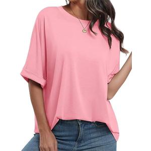 Women's Oversized Summer T Shirts Classic Solid Color Loose Short Sleeve Plus Size Cute Baggy Tees Tunic Blouses Pink S