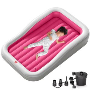 QPAU Larger Inflatable Toddler Travel Bed, Portable Kids Air Mattress with Built-in Bumpers, Fast Electric Pump, Separate Mattress Design, for Home, Grandma's, Camping, and Vacation, Red