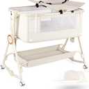 Baby Bassinets Bedside Sleeper 5 in 1,Bedside Bassinet for Baby with Mattress,Diaper changer, Storage Layer,Mosquito Net,7-level adjustable height , one-touch folding for travel with infants(Beige)