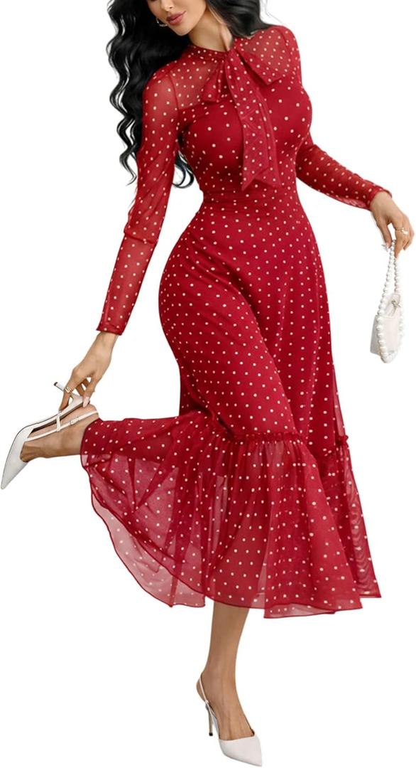GothDark Polka Dot Dress for Women Mesh Tie Neck Bow Sheer Sleeve Flowy Ruffle Hem Going Out Wedding Guest Casual Dress, Small