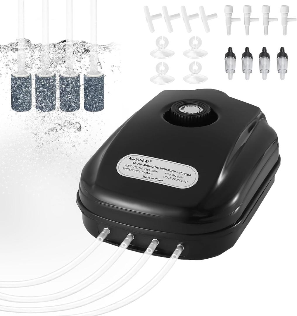 AQUANEAT Aquarium Air Pump 300GPH, for up to 200 Gallon Fish Tank, Powerful Hydroponic Aerator Pump with Tubing, Air Stones, Valves