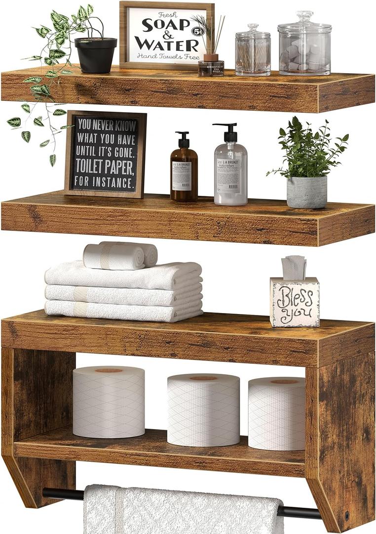 QEEIG Bathroom Floating Shelves for Wall - Shelf Over Toilet Paper Storage Farmhouse 16 inch Set of 3, Rustic Brown (028-40BN3) (15.7")