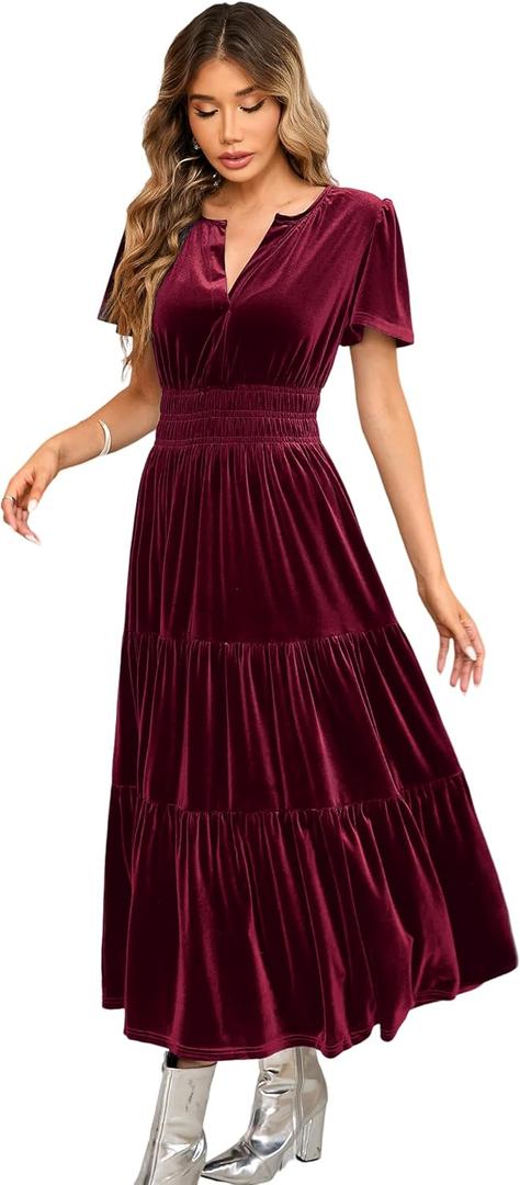 R.Vivimos Women's Fall Winter Vintage Velvet Dress Short Sleeve V Neck Elastic Waist Tiered Ruffle A-Line Flowy Maxi Dress, Small