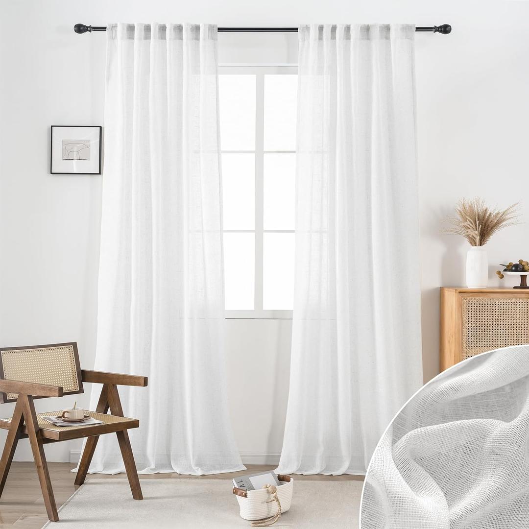 DUALIFE White Linen Sheer Curtains 108 Inches Long for Living Room Back Tab Drapes Textured High Ceiling to Floor Curtains 2 Panels for Patio Stunning Bohemian Urban Industrial Farmhouse 9 FT, 52x108