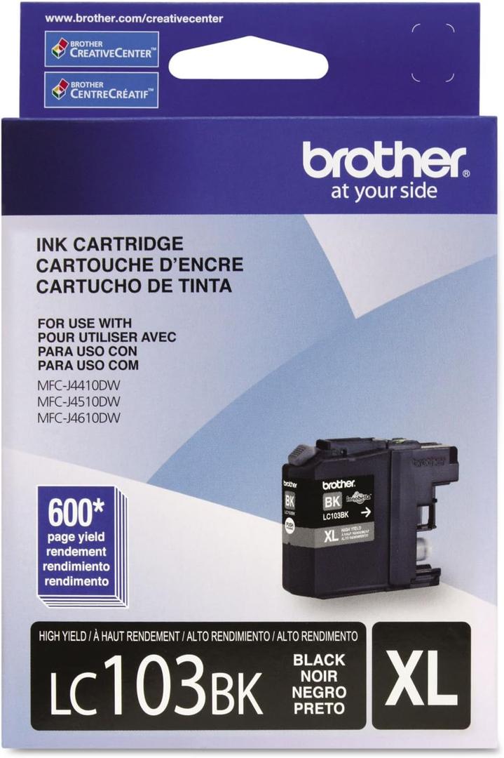 Brother Genuine High Yield Black -Ink -Cartridge, LC103BK, Replacement Black -Ink, Page Yield Up to 600 Pages, Amazon Dash Replenishment -Cartridge, LC103, 1 OEM -Cartridge
