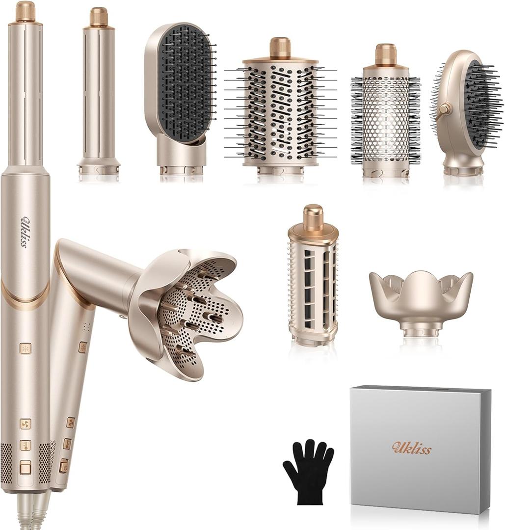 Ukliss 8 in 1 Hair Dryer Brush & Multi Hot Air StylerFoldable 110,000 RPM Blow Dryer Brush Tool Set with Diffuser Auto-Wrap Curler for Fast Drying Curling Straightening Hair Daily Styling