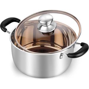 TeamFar 3 Quart Stock Pot, Stainless Steel Stock Pasta Soup Pot with Lid, Tempered Glass Lid & Double Heat-Proof Handles, Non-Toxic & Healthy, Heavy Duty & Dishwasher Safe