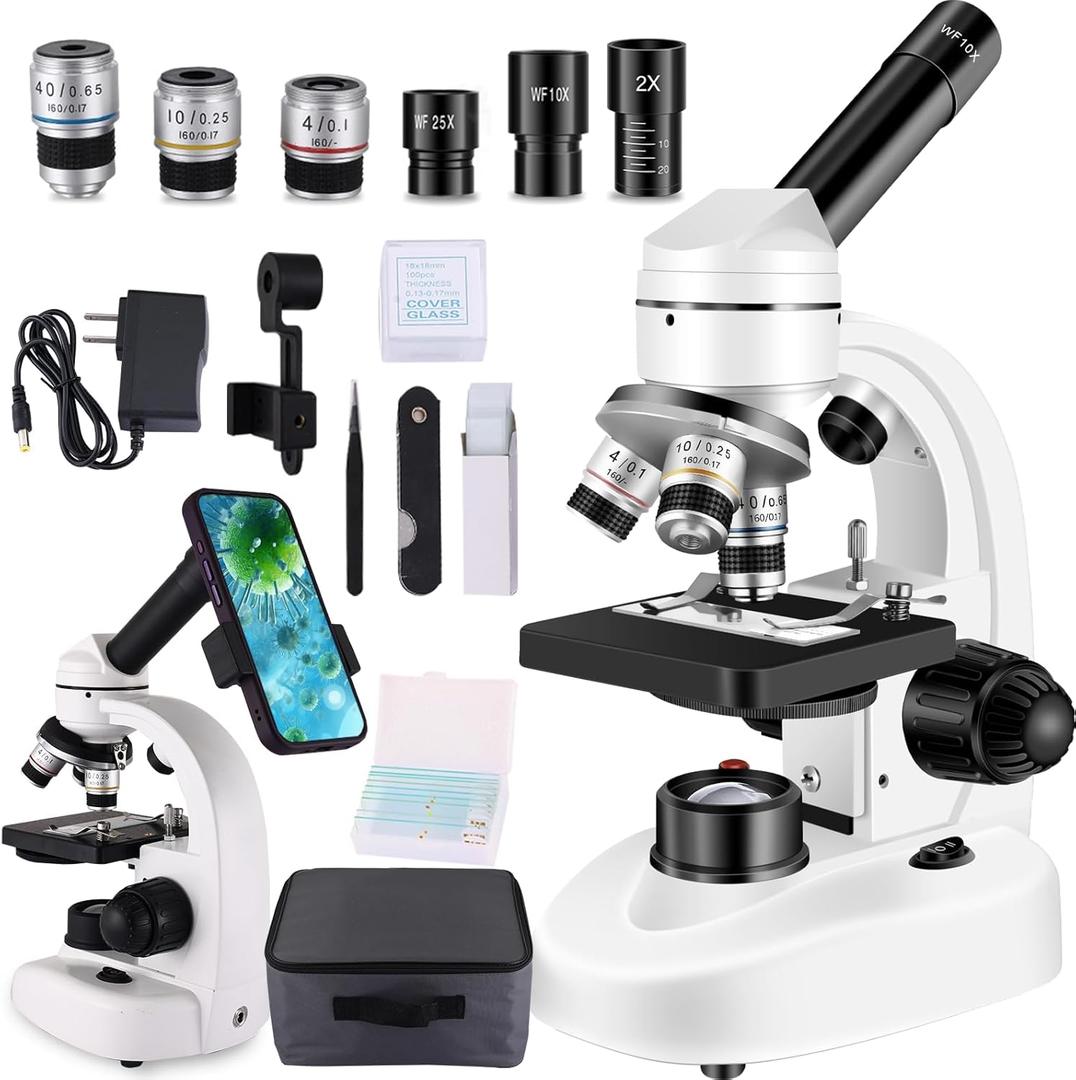 Compound MicroscopeWF10x and WF25x Eyepieces, Slides for Students, Home School Lab Microscope for Adults Suitable for Laboratory School (Bright White)