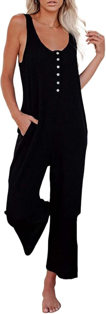 Happy Sailed Womens Casual Sleeveless Front Button Loose Jumpsuits Stretchy Knit Jumpers Long Pants Romper with Pockets (Large)