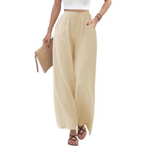 Buauty Wide Leg Linen Pants Women Plus Size Palazzo Pants High Waisted Lounge Pants Casual Comfy Flowy Beach Summer Trousers (Small, Khaki)