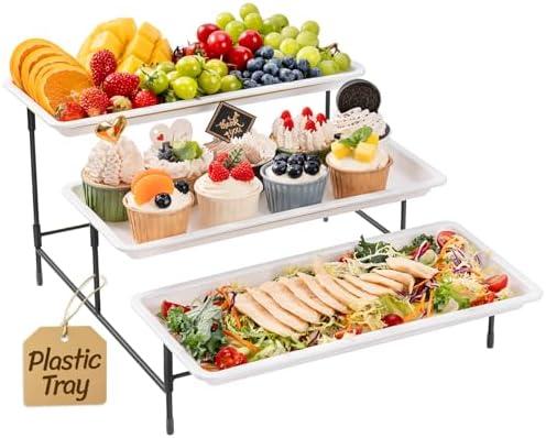 Lifewit Plastic 3 Tier Serving Tray for Party Supplies, 14" x 6.5" Crack-Proof Platters for Serving Food, White Reusable Trays with Black Metal Display Stand for Veggie, Fruit, Cookies, Dessert
