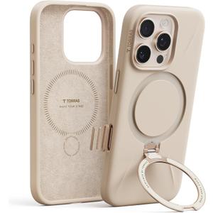 TORRAS Liquid Silicone for iPhone 16 Pro Case with 360 Spin Magnetic Ring Stand with Camera Control, Fit for MagSafe, OStand Q3 Silicone Non-Slip Protective Case for iPhone 16 Pro, Dune Beige