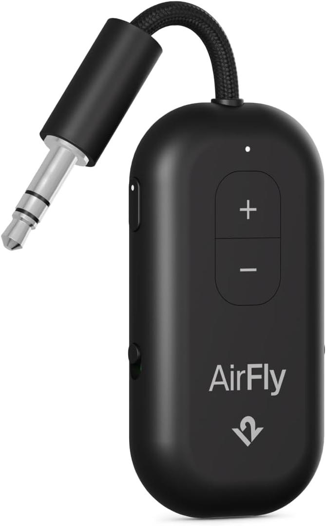 AirFly Pro 2  Bluetooth Adapter for Airplane, Pair 2 AirPods or Wireless Headphones  3.5mm AUX Bluetooth Transmitter and Receiver for Cars, Boats, Treadmills, TVs Airplane Travel Essentials, Black