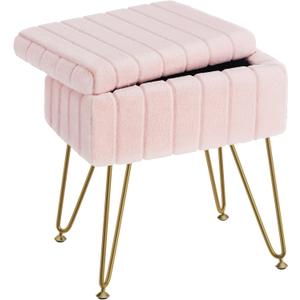 Greenstell Vanity Stool Chair Faux Fur with Storage, 15.7"L x 11.8"W x 19.4"H Soft Ottoman 4 Metal Legs with Anti-Slip Feet, Furry Padded Seat, Modern Multifunctional Chairs for Makeup, Bedroom Pink