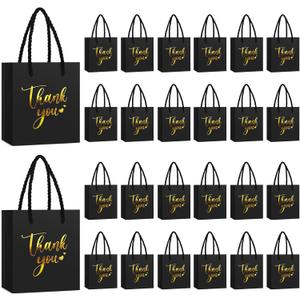 Honoson 30 Pcs Mini Gift Bag with Handle 4 x 2.75 x 4.5'' Small Thank You Bag Foil Paper Tote for Wedding Baby Shower Birthday Graduation and Mothers Day Party Favors(Black/Gold)
