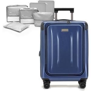 Carry On Luggage, 20 Inch Top Opening Aluminum Frame Lightweight Airline Approved ABS+PC Hard Shell Suitcases with Silent Wheels, TSA Lock, Front Pocket & Wet-dry Separated Six-piece Set (Dark Blue)