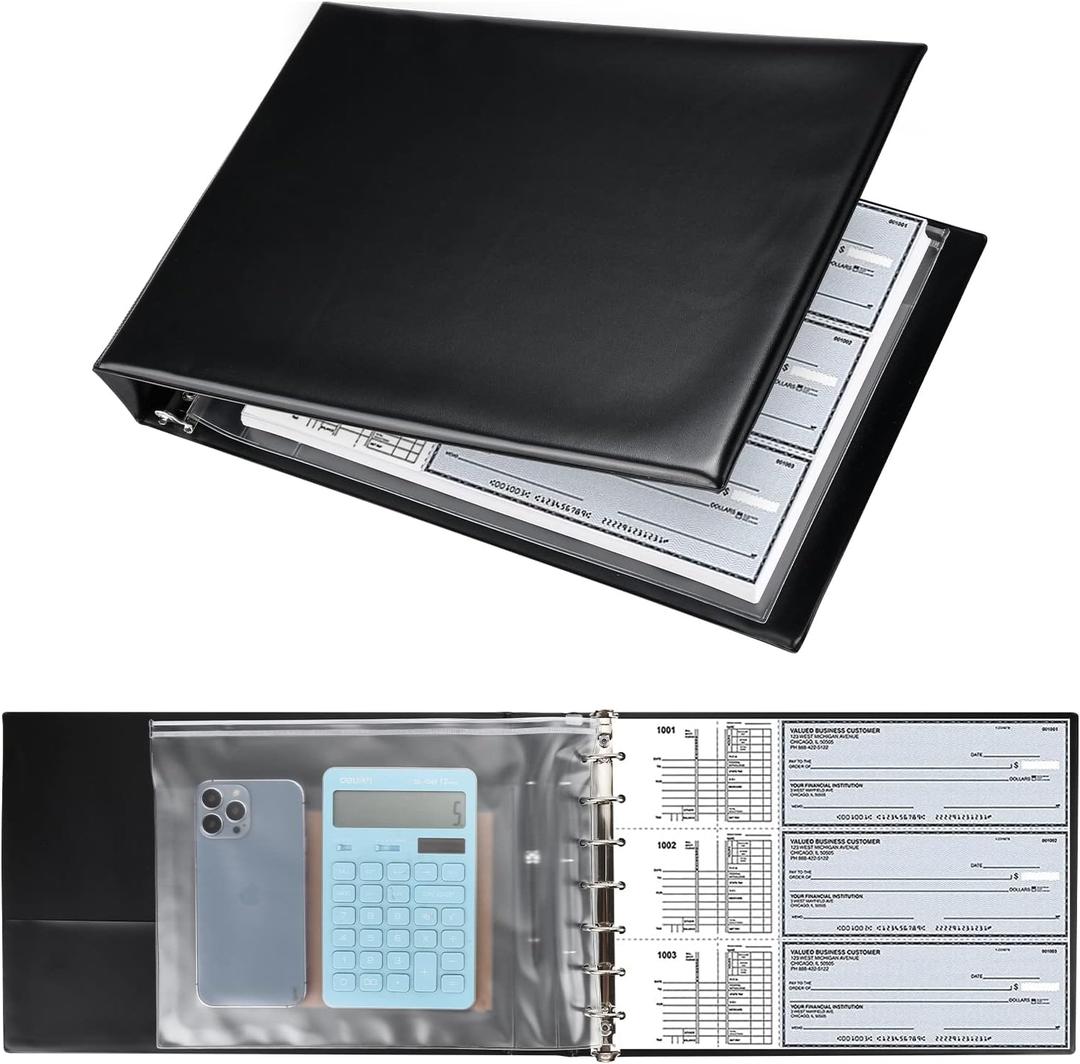 7 Ring Business Check Book Binder, 600 Checks Capacity for 9" x 13" Sheets, PU Leather Checkbook Holder with Zip Pouch (Black)