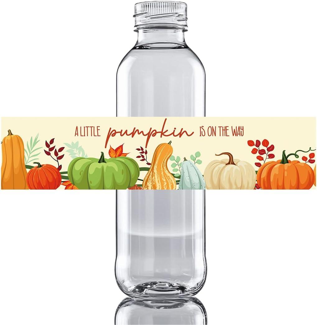 100 Pcs Fall Little Pumpkin Baby Shower Water Bottle Labels, A Little Pumpkin is on the Way Baby Shower Decorations for Gender Reveal Birthday Party Drink Stations A 03