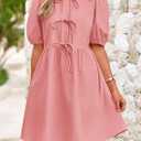 PRETTYGARDEN Womens 2025 Summer Casual Short Sleeve Dresses A Line Bow Tie Front Babydoll Loose Cute Mini Dress with Pockets (Pink, S)