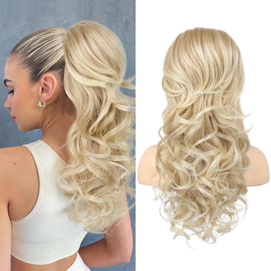 SEIKEA Ponytail Extension, 22" Long Wavy Curly Drawstring Ponytail Multi-layered Fluffy Thick Clip in Hair Extensions Natural Soft Synthetic Hairpiece Dark Blonde to Light Blonde