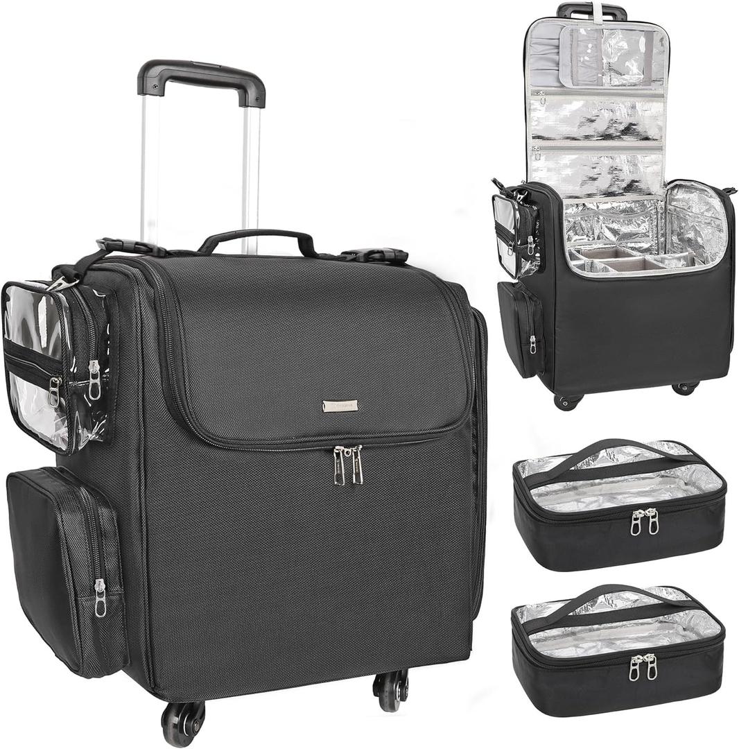 Relavel Rolling Makeup Train Case, Hairstylist Traveling Bag with 4 Wheels, Heat Insulation Full Layer, Adjustable Dividers, Hair Tools and Cosmetics Storage Organizer Trolley Suitcase Makeup Cart