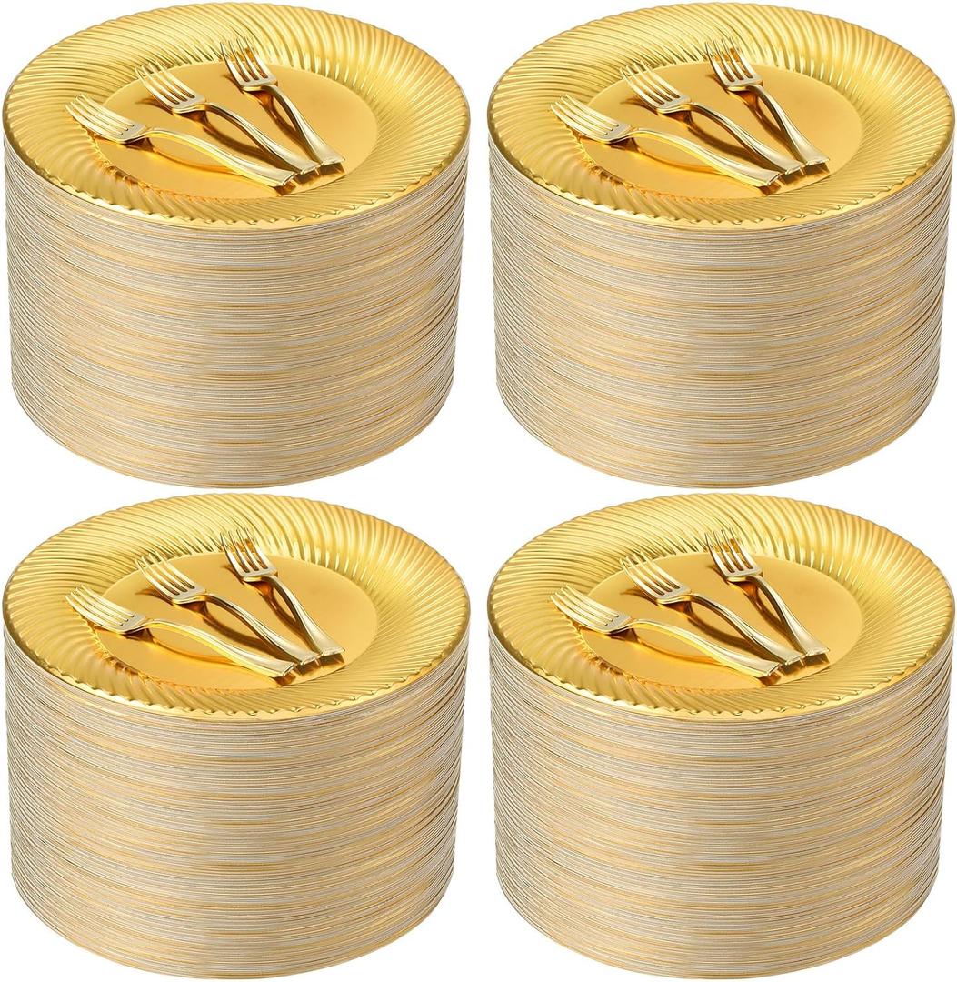 Tioncy 200 Pcs Gold Plastic Dessert Plates with Mini Forks Set for 100 Guests Includes 100 Pcs 7'' Disposable Cake Plates 100 Pcs 3.94'' Gold Plastic Forks for Wedding Birthday Party Dessert Table
