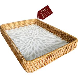 Rattan Rectangle Tray with Mother of Pearl Inlay Unique Decorative Rattan Serving Tray for Coffee Table, Bathroom Vanity, Perfume & Nightstand Ideals for Housewarming (White 11.8")