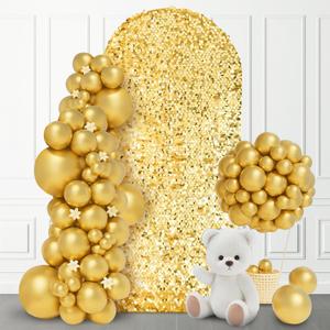 SaitiMade 5 FT Bling Arch Backdrop Cover, Gold Sequin Wedding Arch Stand Cover, Round Top Fitted Chiara Backdrop Cover for Birthday Party Ceremony Baby Shower Banquet Decoration