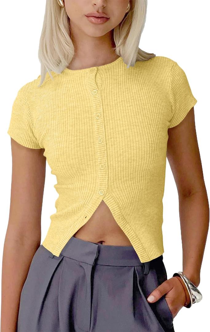 Cioatin Women Button Down Open Front Short Sleeve Crop Tee Tops Y2K Crew Neck Slim Fit Ribbed Cardigan Tshirt Workout (Yellow, L)