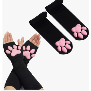Cat Paw Thigh High Socks Golves, Cute Soft 3D Toe Beans Socks Mittens Kitten Claw Pad Socks for Girl Women Cosplay Set