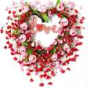 19in Heart Valentine's Day Wreath for Front Door Window, Artificial Valentines Day Door Wreath with Tulip, Berry, Forsythia Flower, Green Leaf and Love Wooden Board for Wedding Festival Wall Decor