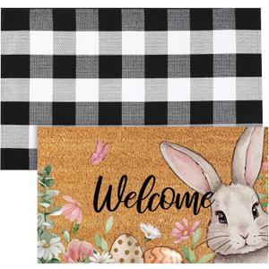 Duraaamo 2 Pcs Easter Coir Doormat Outdoor Rug Bunny Welcome Door Mat Layered Buffalo Plaid Black White Checkered Rug Coir Easter Mat for Outdoor Front Porch Entryway Decor