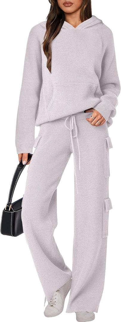 ANRABESS Womens Two Piece Outfits Casual Knit Hooded Sweater Straight Leg Pants Set 2025 Fall Lounge Travel Clothes (XL)