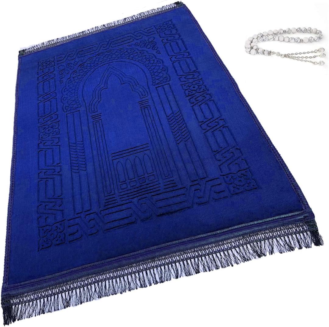 Prayer Rug Muslim Mat Islamic - Thick Large Sajadah for Kids Men Women with Islam Prayer Beads for Eid Travel Ramadan, Soft Luxury and Great for Knees and Forehead (Blue)