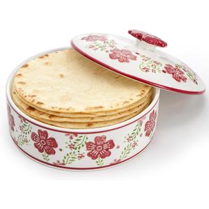 Coloch Ceramic Tortilla Warmer, 8.5 Inch Tortilla Holder with Lid Insulated Roti Holder for 12 Tortillas Hand-printed Taco Server for Tacos, Roti, Taco Tuesday, Microwave, Oven, Dishwasher Safe