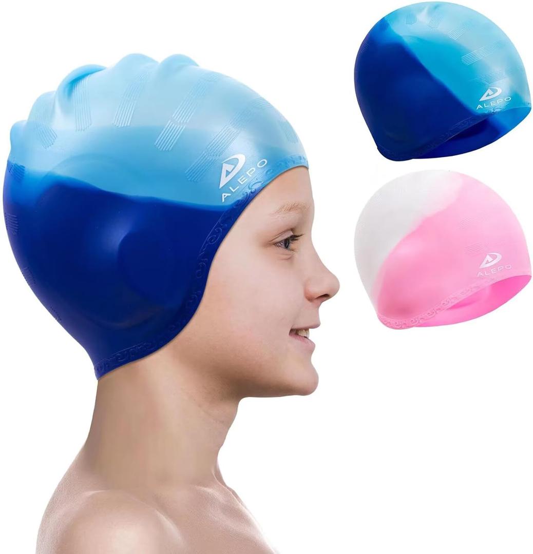 2 Pack Kids Swim Caps for Boys Girls, Durable Silicone Swimming Cap with 3D Ear Pockets for Age 3-15 Toddler Child Youth Teen, Unisex Swim Hats for Short/Long Hair with Ear Plugs Nose- Clip-B011