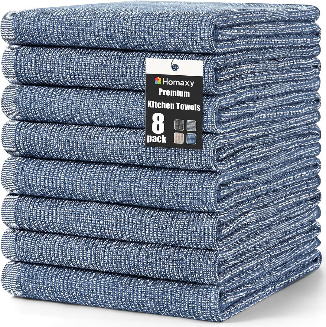 Homaxy Premium Kitchen Towels(18x 28, 8 Pack), Large Cotton Kitchen Hand Towels, Flat and Terry Dish Towels, 380 GSM Highly Absorbent Tea Towel Set with Hanging Loop, Navy Blue